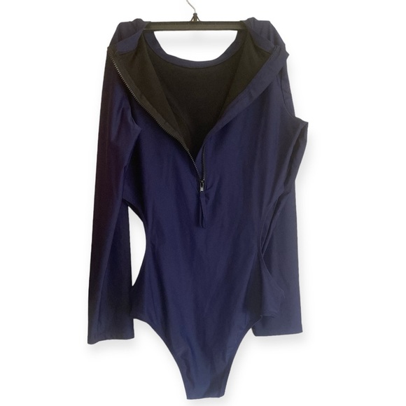 One Piece Cutout Waist Rash-guard Bodysuit Long Sleeve Women’s Large Navy Blue - Picture 4 of 8